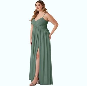 Azazie Alia Eucalyptus Chiffon A-line Pleated Slit Maxi Bridesmaid Dress (A14)